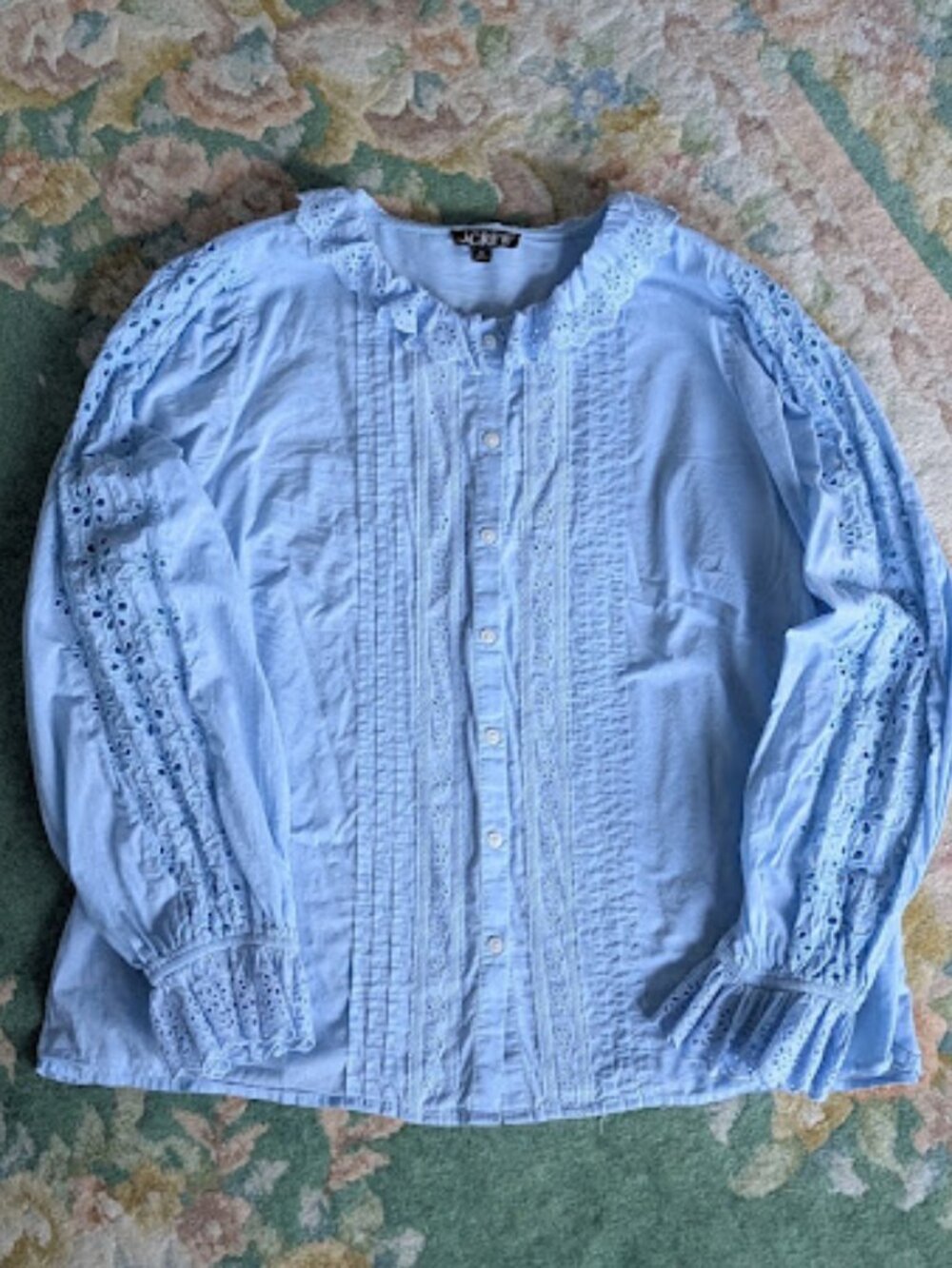J. CREW Women Sz XL Shirt Blouse Button Blue Eyelet Lace Round Collar Cotton